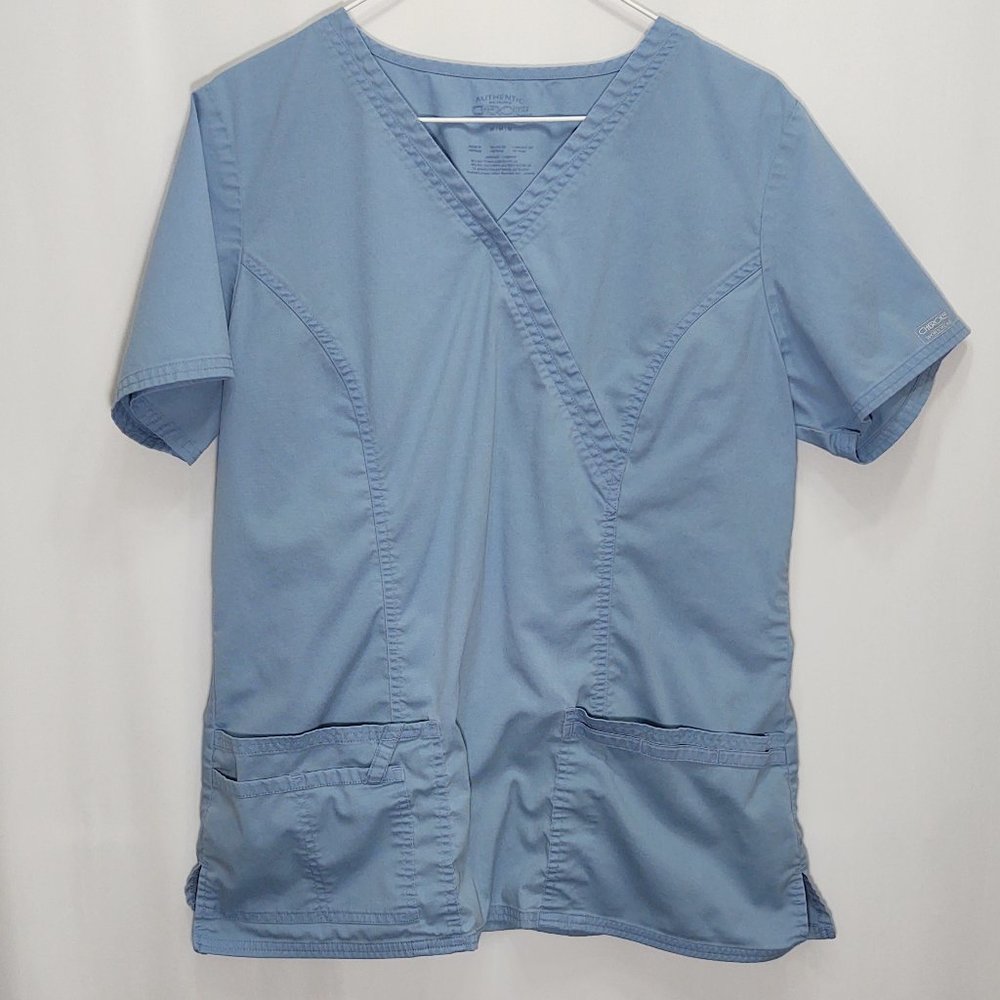 3/$30 Cherokee Workwear Blue Mock Wrap Scrub Top M